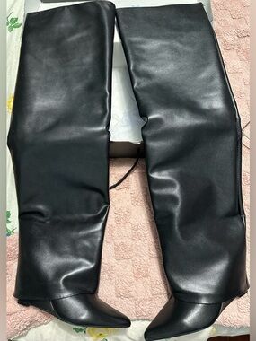 Black Faux Leather thigh-High Pointed Toe Boots